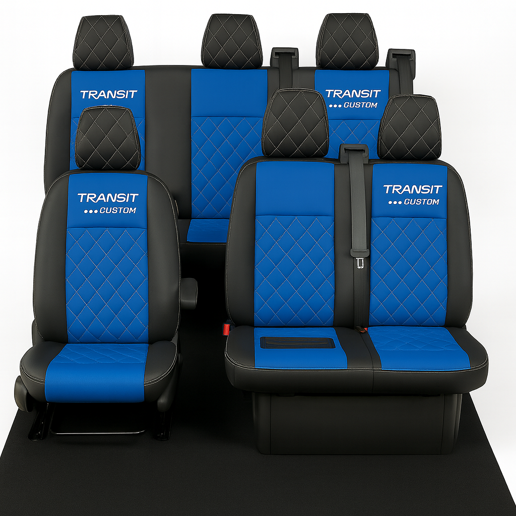 pic 1 FORD TRANSIT CUSTOM CREW CAB SEAT COVERS LEATHERETTE: Blue/black
